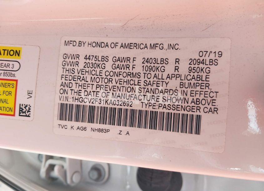 Photo 9 of 2019 Honda Accord SPORT 2.0T (VIN 1HGCV2F31KA032692)