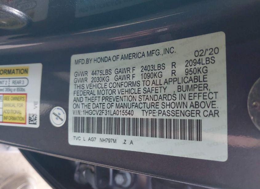 Photo 9 of 2020 Honda Accord SPORT 2.0T (VIN 1HGCV2F31LA015540)
