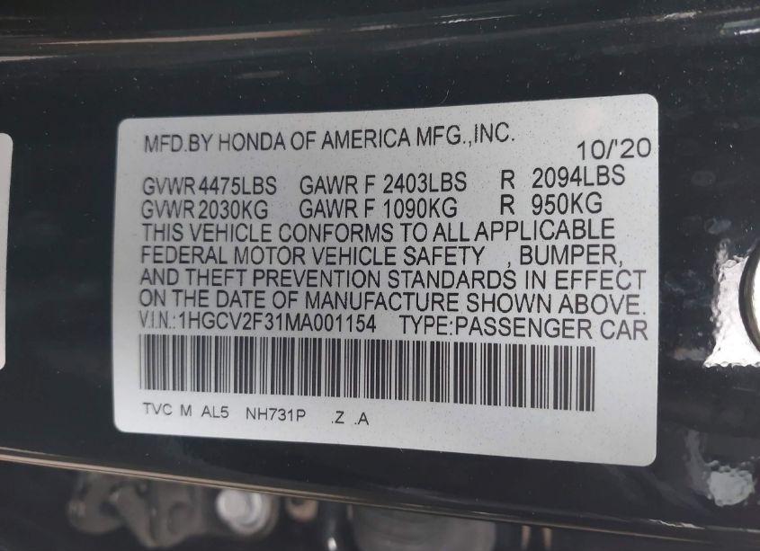 Photo 9 of 2021 Honda Accord SPORT 2.0T (VIN 1HGCV2F31MA001154)