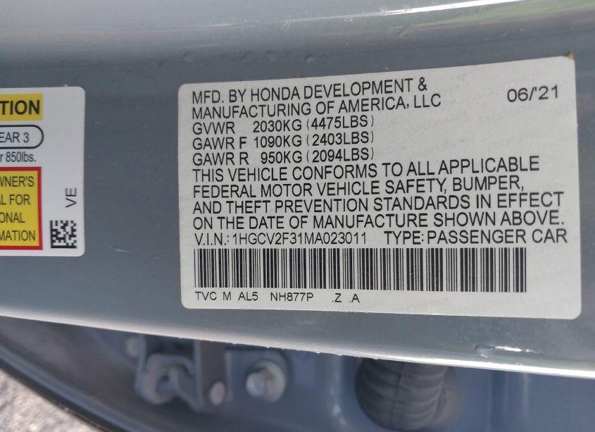 Photo 9 of 2021 Honda Accord SPORT 2.0T (VIN 1HGCV2F31MA023011)