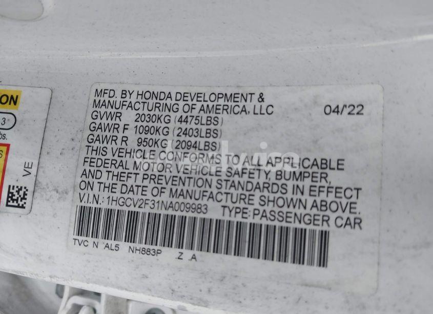 Photo 9 of 2022 Honda Accord SPORT 2.0T (VIN 1HGCV2F31NA009983)