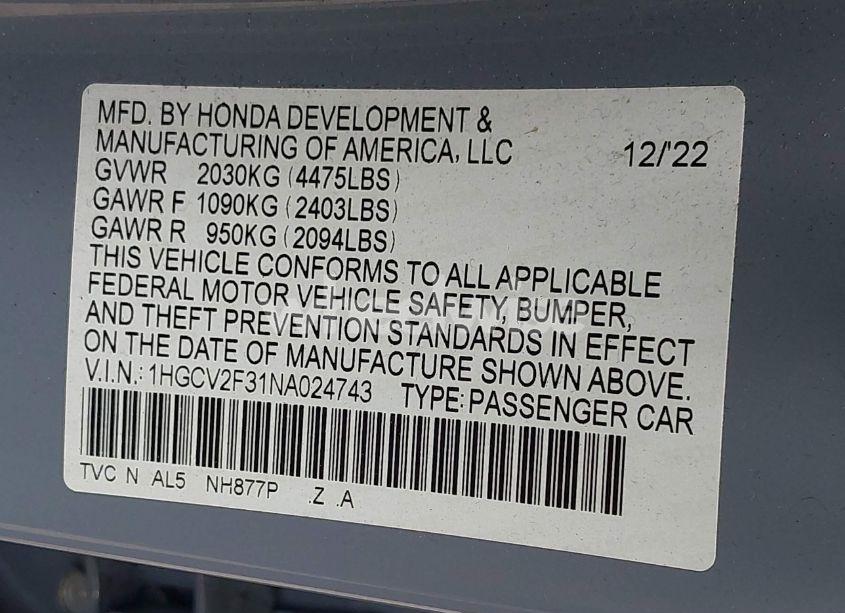 Photo 9 of 2022 Honda Accord SPORT 2.0T (VIN 1HGCV2F31NA024743)