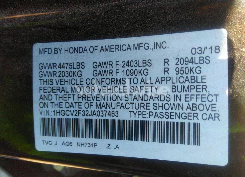 Photo 9 of 2018 Honda Accord SPORT 2.0T (VIN 1HGCV2F32JA037463)