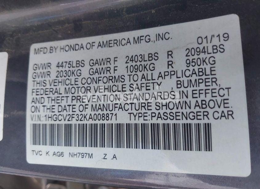 Photo 9 of 2019 Honda Accord SPORT 2.0T (VIN 1HGCV2F32KA008871)