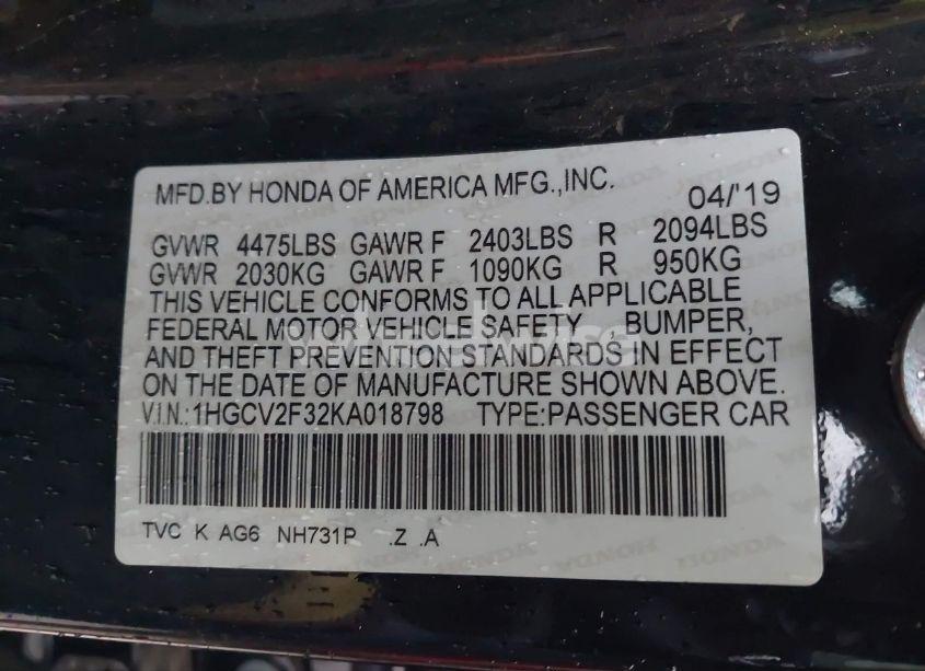 Photo 9 of 2019 Honda Accord SPORT 2.0T (VIN 1HGCV2F32KA018798)