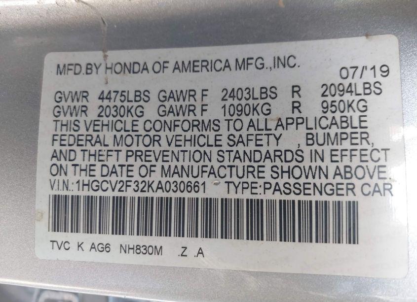 Photo 9 of 2019 Honda Accord SPORT 2.0T (VIN 1HGCV2F32KA030661)