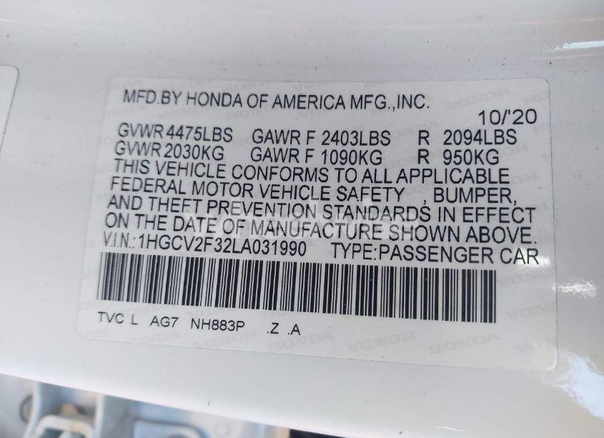 Photo 9 of 2020 Honda Accord SPORT 2.0T (VIN 1HGCV2F32LA031990)