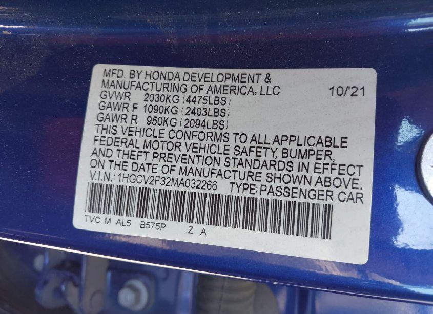 Photo 9 of 2021 Honda Accord SPORT 2.0T (VIN 1HGCV2F32MA032266)