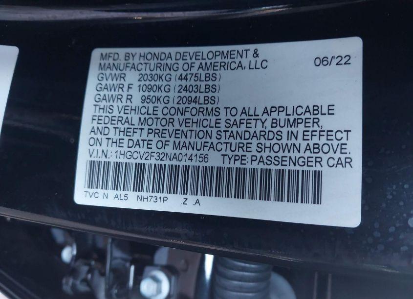 Photo 9 of 2022 Honda Accord SPORT 2.0T (VIN 1HGCV2F32NA014156)
