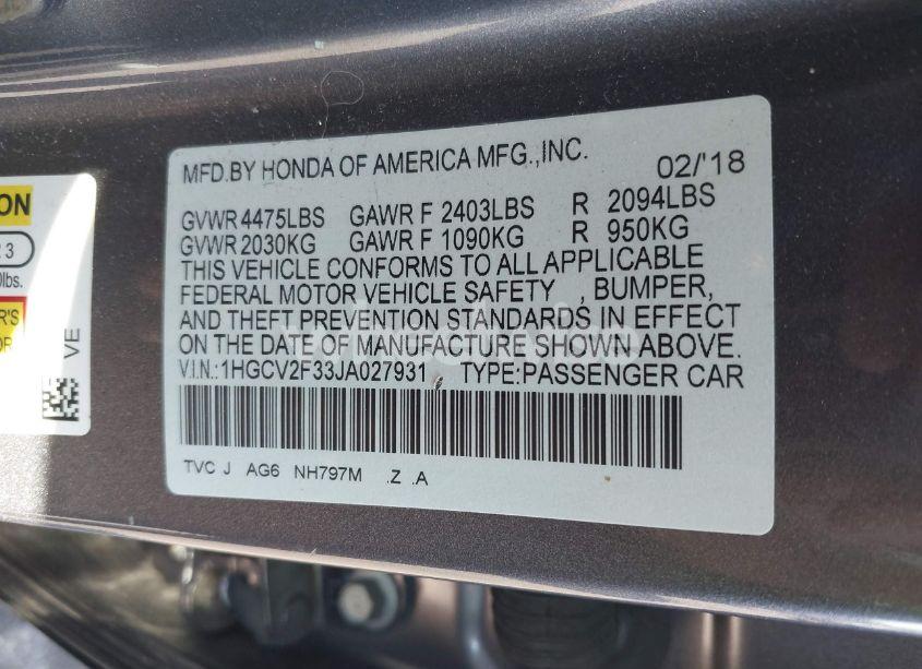 Photo 9 of 2018 Honda Accord SPORT 2.0T (VIN 1HGCV2F33JA027931)