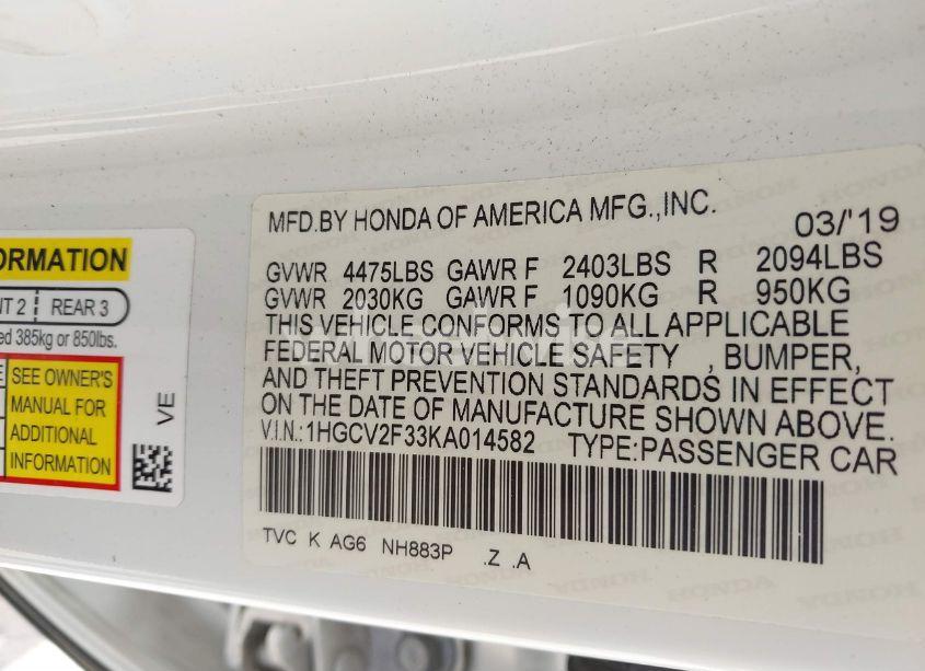 Photo 9 of 2019 Honda Accord SPORT 2.0T (VIN 1HGCV2F33KA014582)