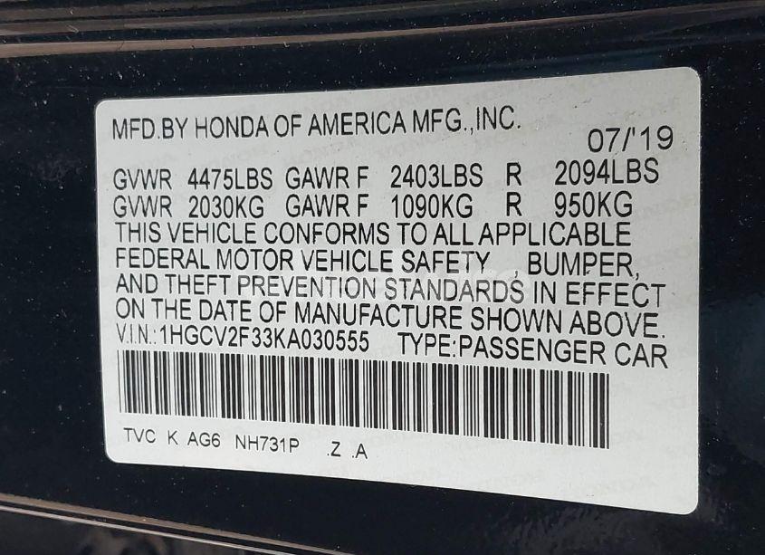 Photo 9 of 2019 Honda Accord SEDAN (VIN 1HGCV2F33KA030555)