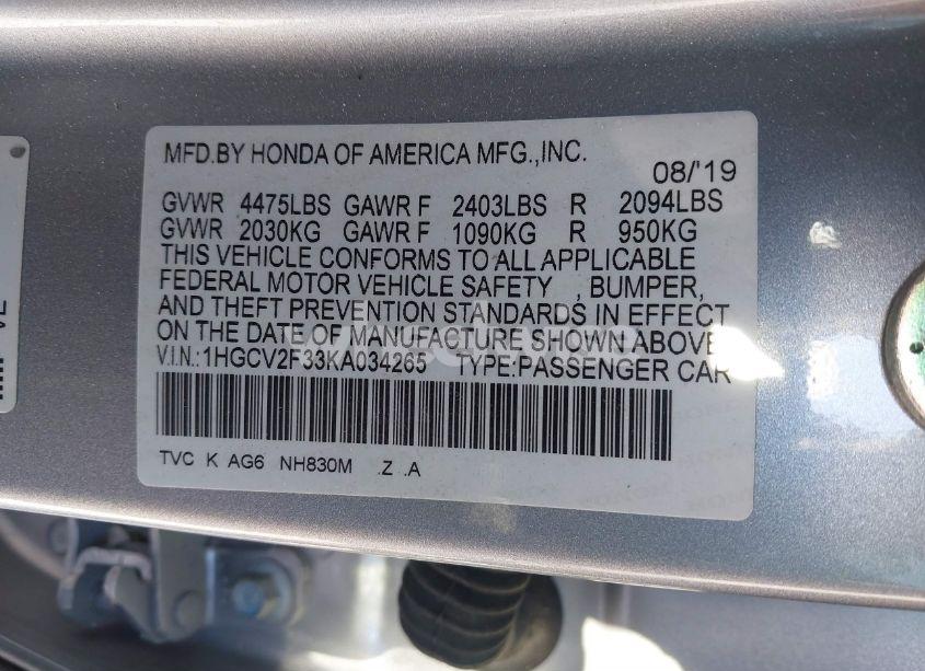 Photo 9 of 2019 Honda Accord SPORT 2.0T (VIN 1HGCV2F33KA034265)