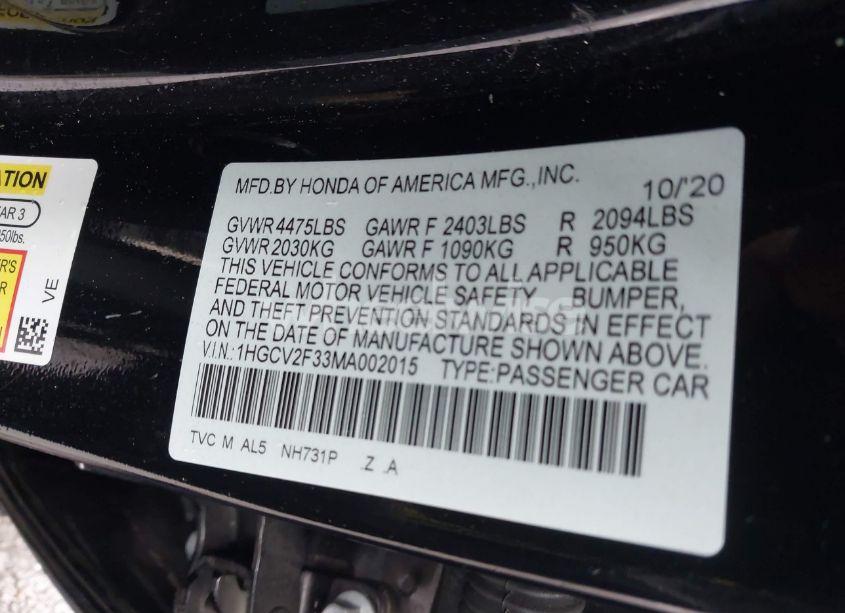 Photo 9 of 2021 Honda Accord SPORT 2.0T (VIN 1HGCV2F33MA002015)