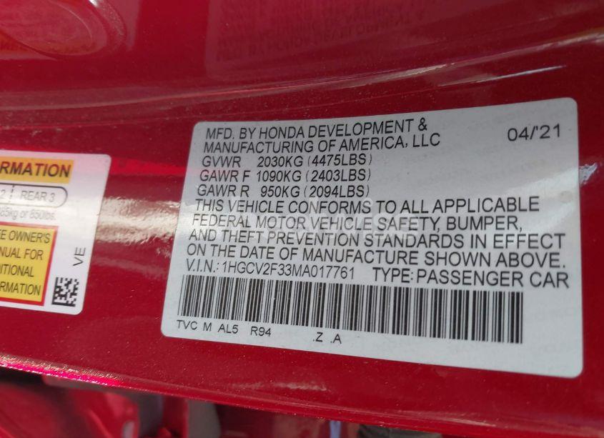 Photo 9 of 2021 Honda Accord SPORT 2.0T (VIN 1HGCV2F33MA017761)
