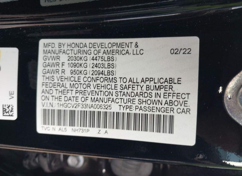 Photo 9 of 2022 Honda Accord SPORT 2.0T (VIN 1HGCV2F33NA006325)