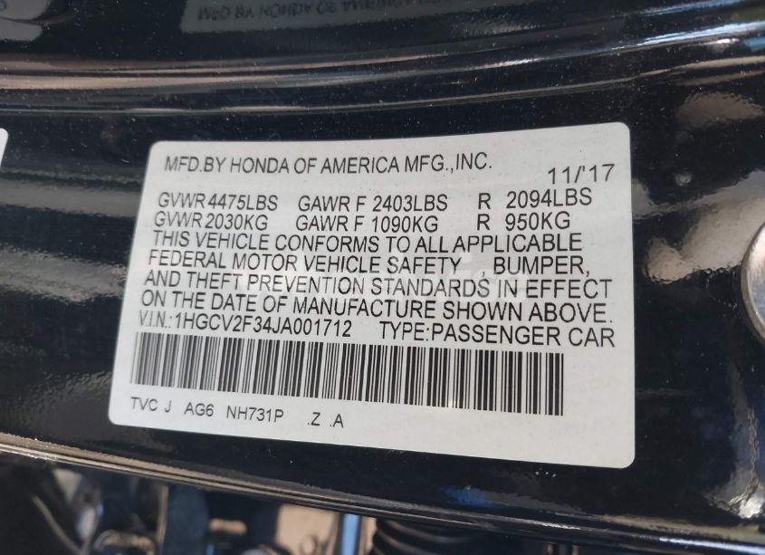 Photo 9 of 2018 Honda Accord SPORT 2.0T (VIN 1HGCV2F34JA001712)