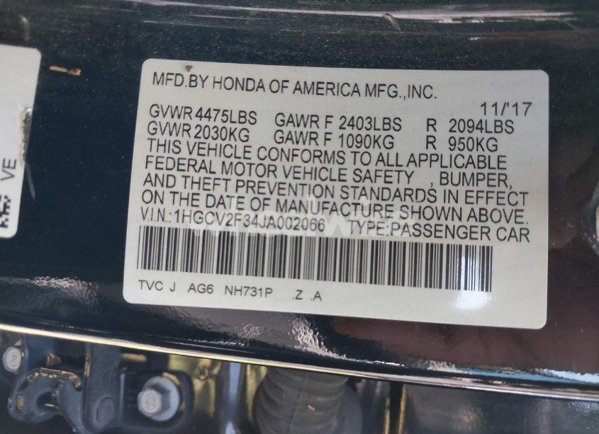 Photo 9 of 2018 Honda Accord SPORT 2.0T (VIN 1HGCV2F34JA002066)