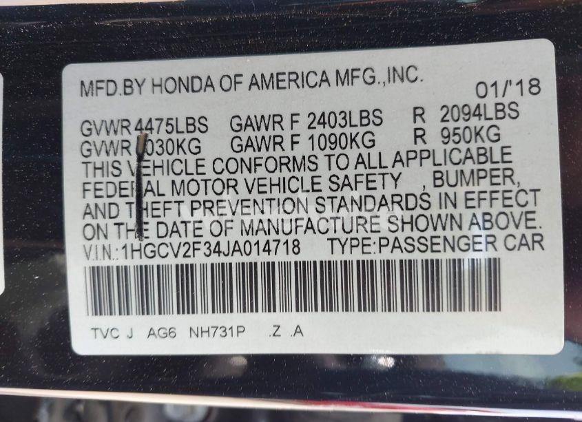 Photo 9 of 2018 Honda Accord SPORT 2.0T (VIN 1HGCV2F34JA014718)