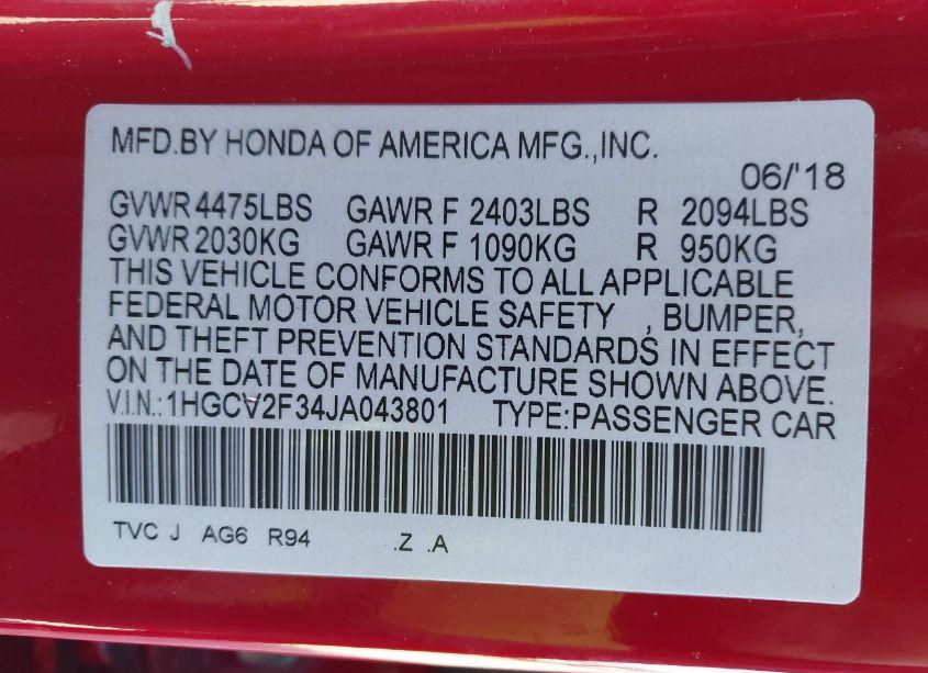 Photo 9 of 2018 Honda Accord SPORT 2.0T (VIN 1HGCV2F34JA043801)