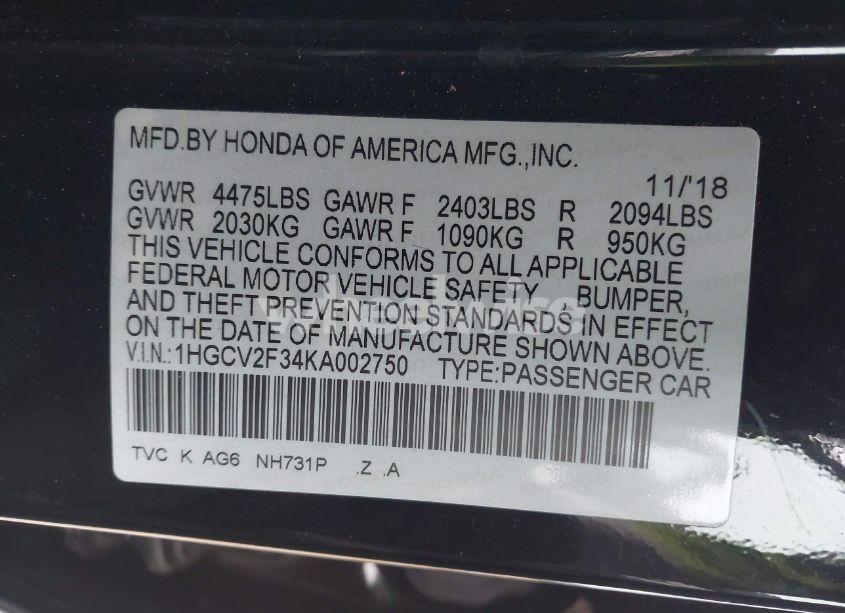 Photo 9 of 2019 Honda Accord SPORT 2.0T (VIN 1HGCV2F34KA002750)