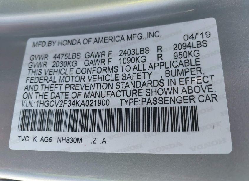 Photo 9 of 2019 Honda Accord SPORT 2.0T (VIN 1HGCV2F34KA021900)