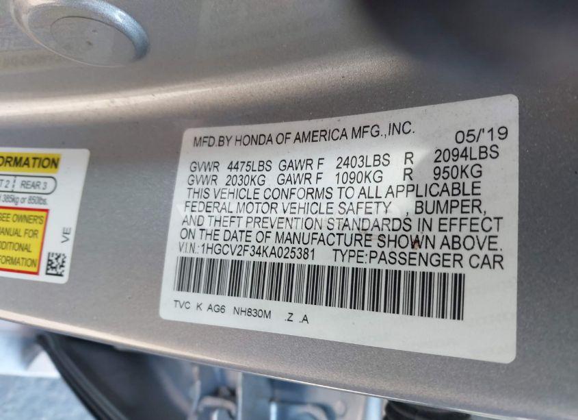 Photo 9 of 2019 Honda Accord SPORT 2.0T (VIN 1HGCV2F34KA025381)