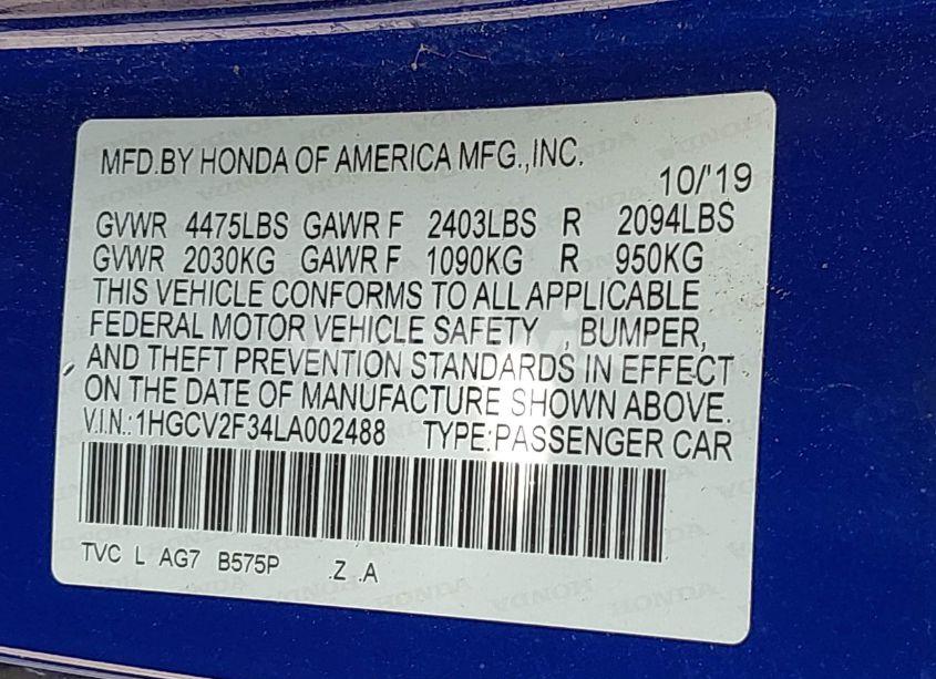 Photo 9 of 2020 Honda Accord SPORT 2.0T (VIN 1HGCV2F34LA002488)