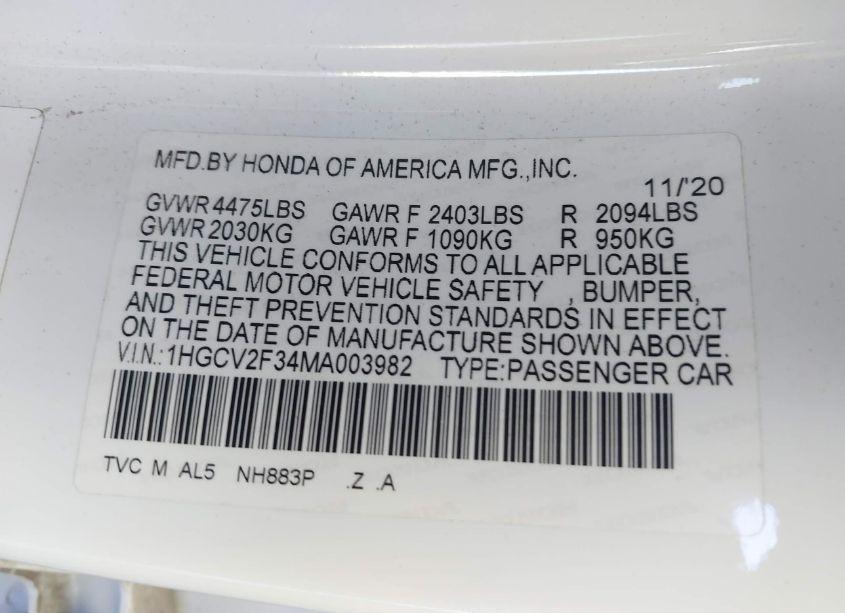Photo 9 of 2021 Honda Accord SPORT 2.0T (VIN 1HGCV2F34MA003982)