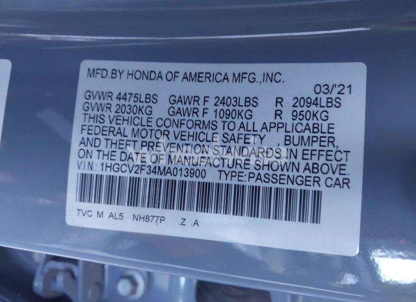 Photo 8 of 2021 Honda Accord SPORT 2.0T (VIN 1HGCV2F34MA013900)