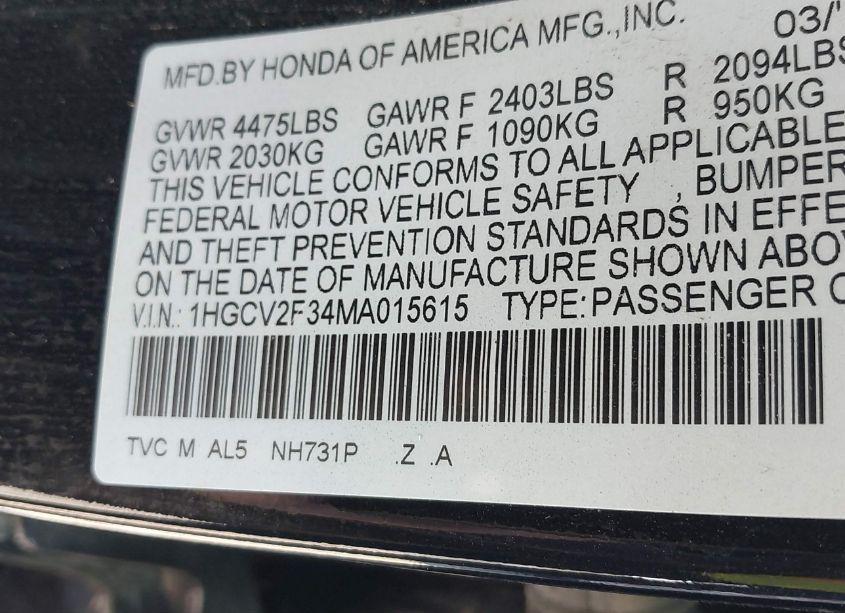 Photo 9 of 2021 Honda Accord SPORT 2.0T (VIN 1HGCV2F34MA015615)