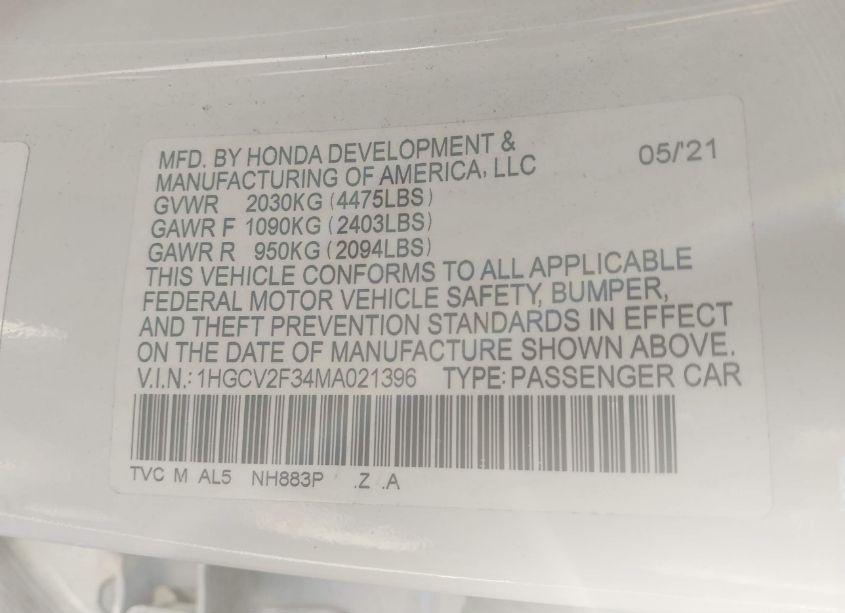 Photo 9 of 2021 Honda Accord SPORT 2.0T (VIN 1HGCV2F34MA021396)