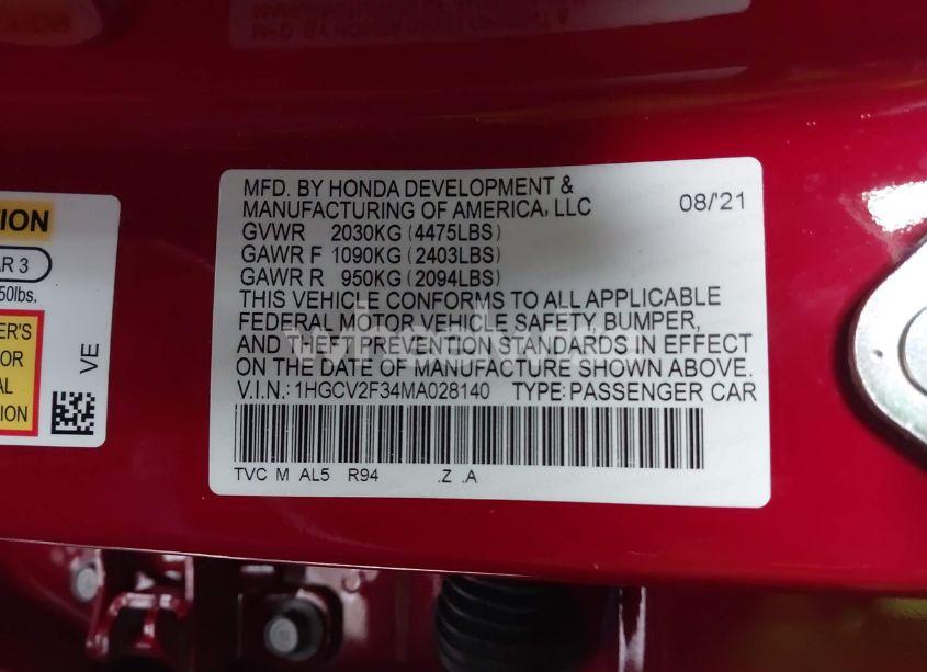 Photo 9 of 2021 Honda Accord SPORT 2.0T (VIN 1HGCV2F34MA028140)