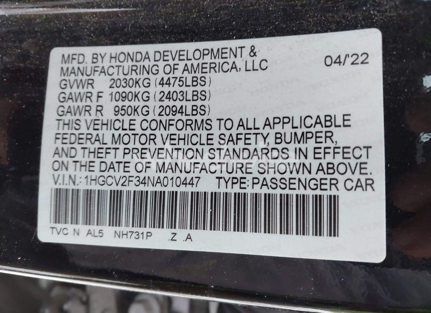 Photo 9 of 2022 Honda Accord SPORT 2.0T (VIN 1HGCV2F34NA010447)