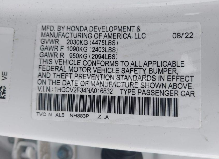 Photo 9 of 2022 Honda Accord SPORT 2.0T (VIN 1HGCV2F34NA016832)
