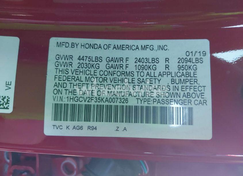 Photo 9 of 2019 Honda Accord SPORT 2.0T (VIN 1HGCV2F35KA007326)