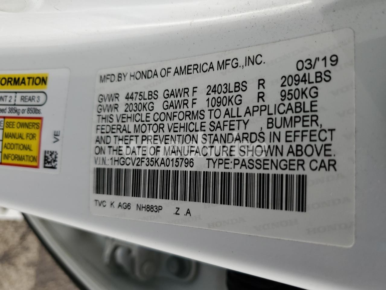 Photo 12 of 2019 HONDA ACCORD SPORT (VIN 1HGCV2F35KA015796)