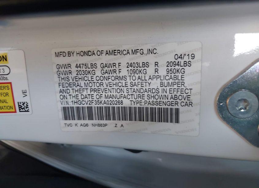 Photo 9 of 2019 Honda Accord SPORT 2.0T (VIN 1HGCV2F35KA020268)