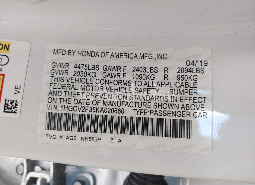 Photo 9 of 2019 Honda Accord SPORT 2.0T (VIN 1HGCV2F35KA020660)