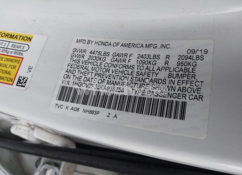 Photo 9 of 2019 Honda Accord SPORT 2.0T (VIN 1HGCV2F35KA036258)