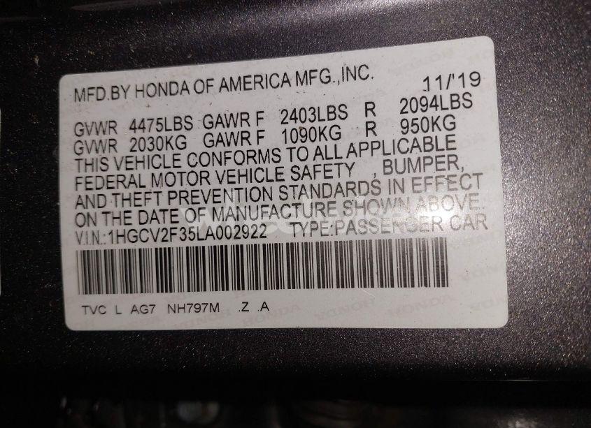 Photo 9 of 2020 Honda Accord SPORT 2.0T (VIN 1HGCV2F35LA002922)