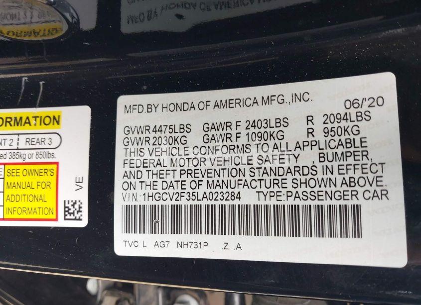 Photo 9 of 2020 Honda Accord SPORT 2.0T (VIN 1HGCV2F35LA023284)