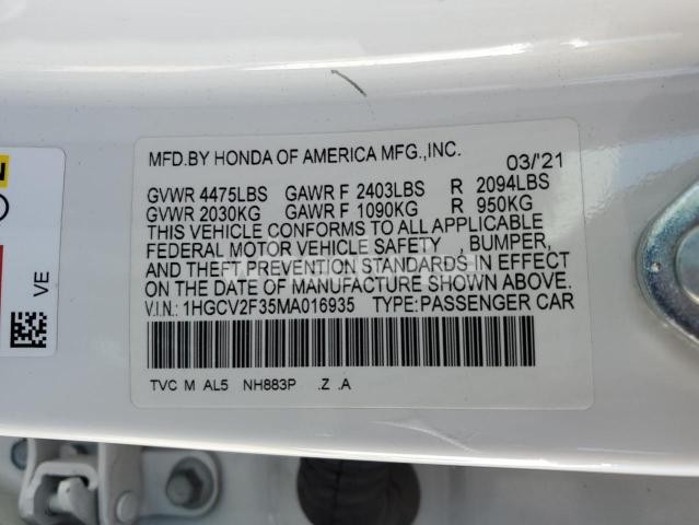 Photo 5 of 2021 HONDA ACCORD SPORT (VIN 1HGCV2F35MA016935)