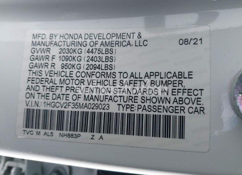 Photo 9 of 2021 Honda Accord SPORT 2.0T (VIN 1HGCV2F35MA029023)