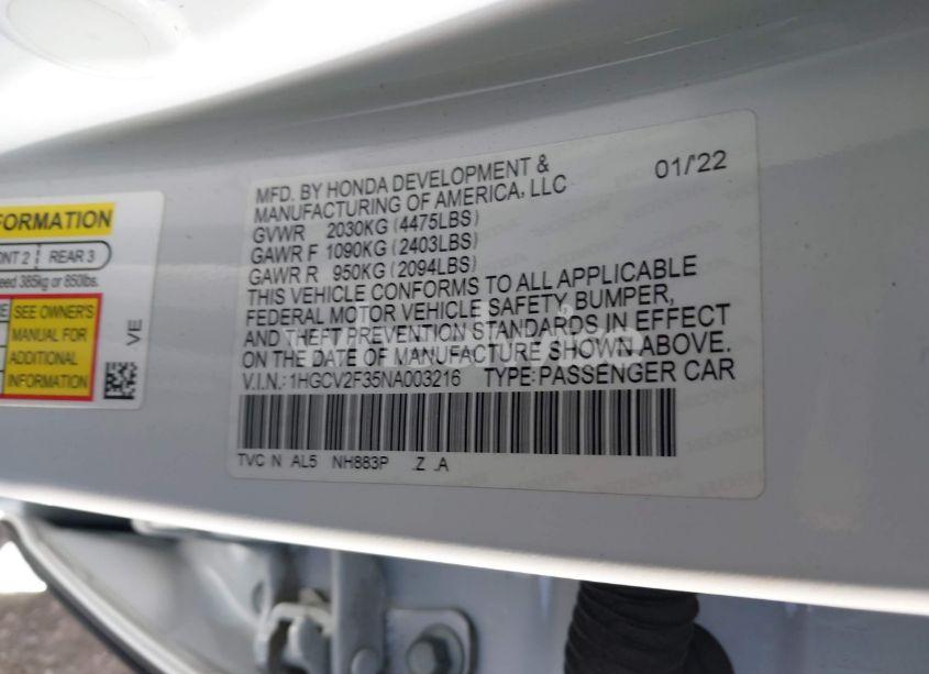 Photo 9 of 2022 Honda Accord SPORT 2.0T (VIN 1HGCV2F35NA003216)
