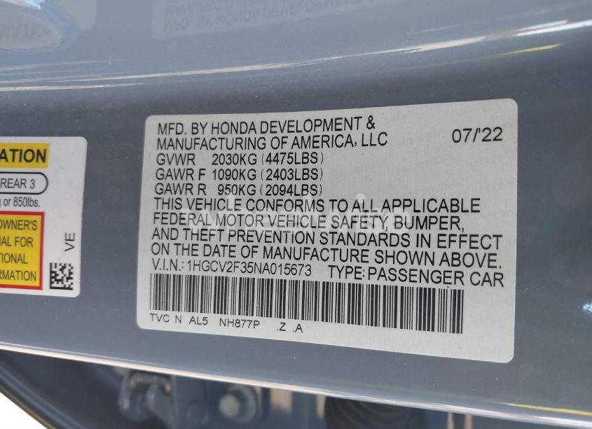 Photo 9 of 2022 Honda Accord SPORT 2.0T (VIN 1HGCV2F35NA015673)