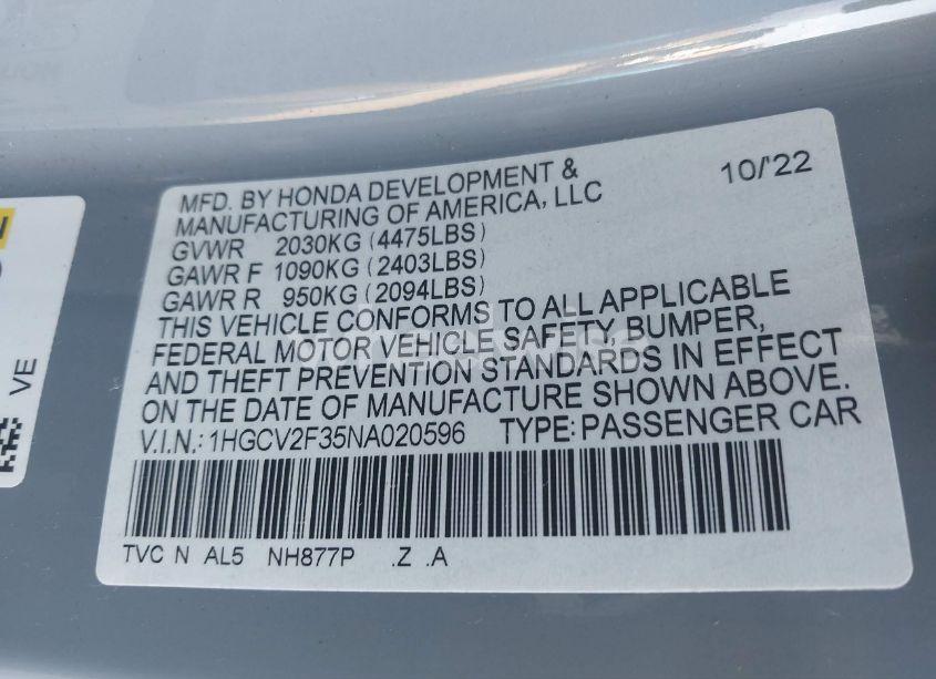 Photo 9 of 2022 Honda Accord SPORT 2.0T (VIN 1HGCV2F35NA020596)