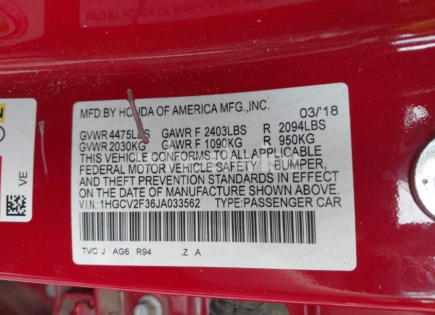 Photo 9 of 2018 Honda Accord SPORT 2.0T (VIN 1HGCV2F36JA033562)