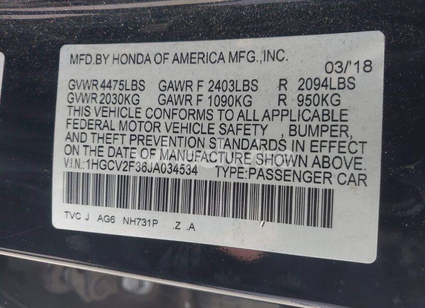 Photo 9 of 2018 Honda Accord SPORT 2.0T (VIN 1HGCV2F36JA034534)