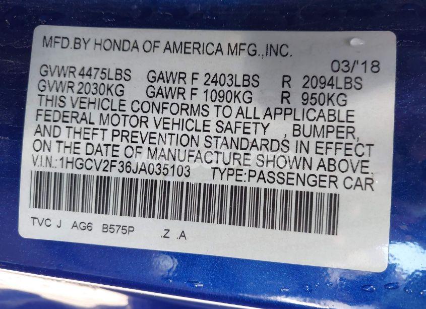 Photo 9 of 2018 Honda Accord SPORT 2.0T (VIN 1HGCV2F36JA035103)